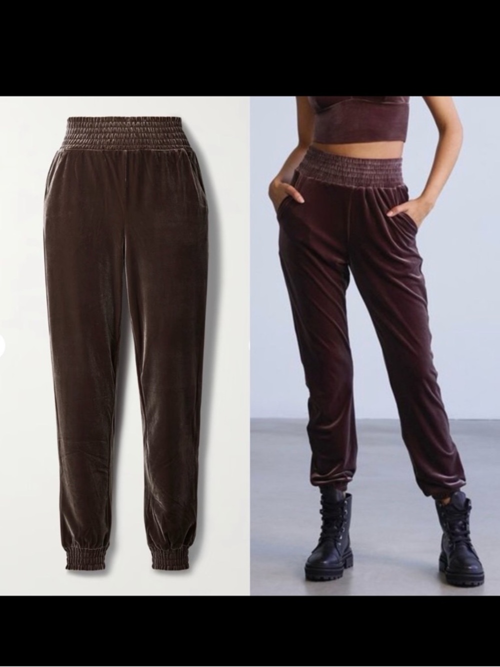 Commando Smocked Velvet High Rise Tapered Track Pants Joggers: Chocolate Brown
